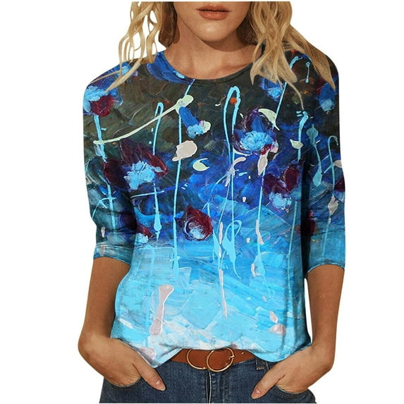 Herrnalise Women's Fashion Printed T-shirt 3/4 Sleeves Blouse Round Neck Casual Tops Sky Blue 2XL