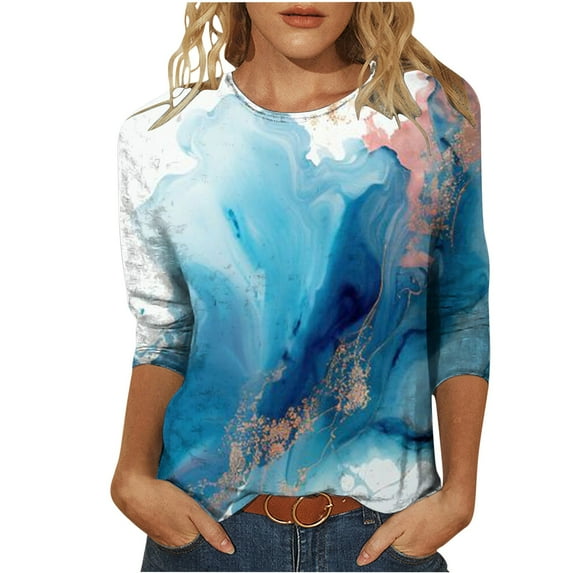 Herrnalise Women's Fashion Printed T-shirt 3/4 Sleeves Blouse Round Neck Casual Tops Sky Blue M