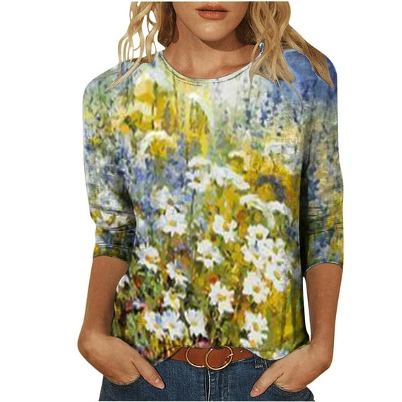 Herrnalise Women's Fashion Printed T-shirt 3/4 Sleeves Blouse Round Neck Casual Tops Yellow XL
