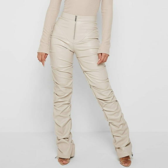 Herrnalise Women's Fashion Tight And Personalized Folded Half Zipper Micro Flap Pants Long Leather Pants White