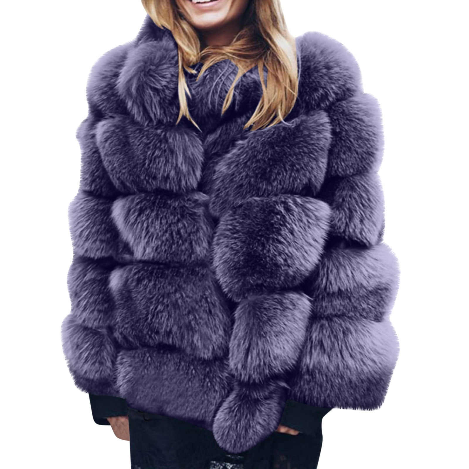 Herrnalise Women s Faux Fur Coat Shearling Fluffy Fuzzy Shaggy Hood Sherpa Lined Fleece Jacket Navy XL Walmart