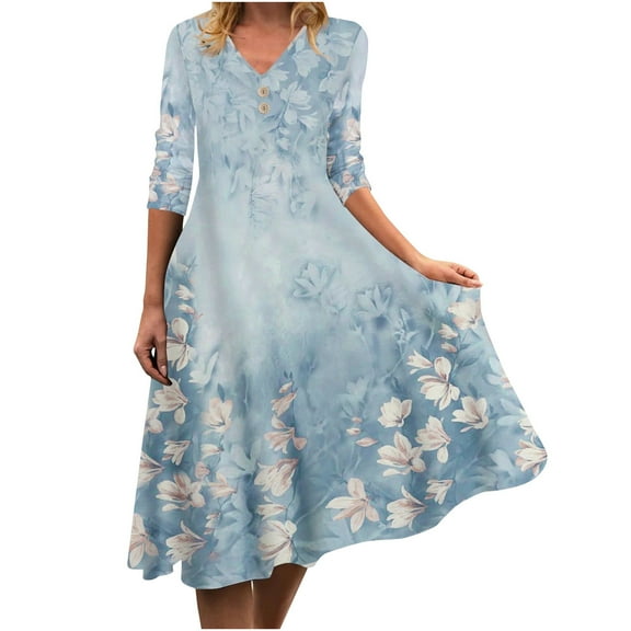Herrnalise Women's Floral Printed Maxi Dress Fashion Casual Printed Long Sleeve V-neck Button Dress S-2XL