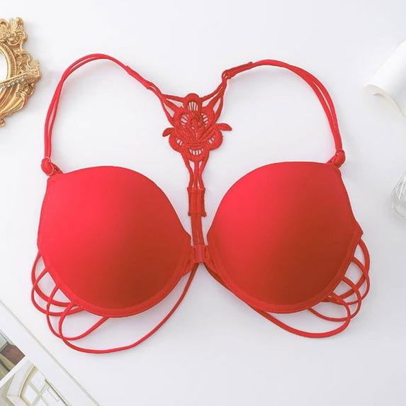 Herrnalise Women's Front Closure Underwire Bra Full Coverage Floral Thong Back Strappy Lifting Push Up Comfort Everyday Bras Red-M