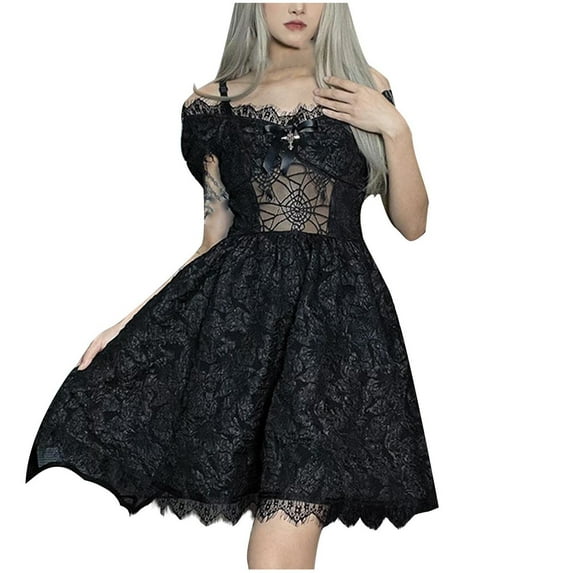 Herrnalise Women's Halloween Dark Lace Halter Dresses Sleeveless One Shoulder Knee Length Dresses