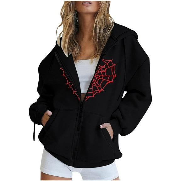 Herrnalise Women's Halloween Printed Zipper Hooded Long Sleeve Pocket Coat Tops Hooded Casual Coat Jacket