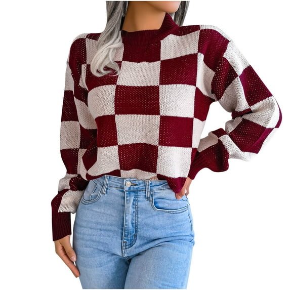 Herrnalise Women's Knitted Crop Tops Autumn And Winter Fashion Contrast Check Long Sleeve Round-Neck Sweater Tops Pullover Jumper Sweaters