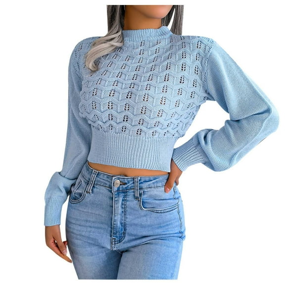 Herrnalise Women's Knitted Crop Tops Autumn And Winter Fashion Solid Hollow Stripe Long Sleeve Round-Neck Sweater Tops Pullover Jumper Sweaters
