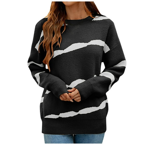 Herrnalise Women's Knitted Crop Tops Autumn/Winter Ladies Pullover Print Knit Loose Top Striped Colorblock Crewneck Sweater Pullover Jumper Sweaters