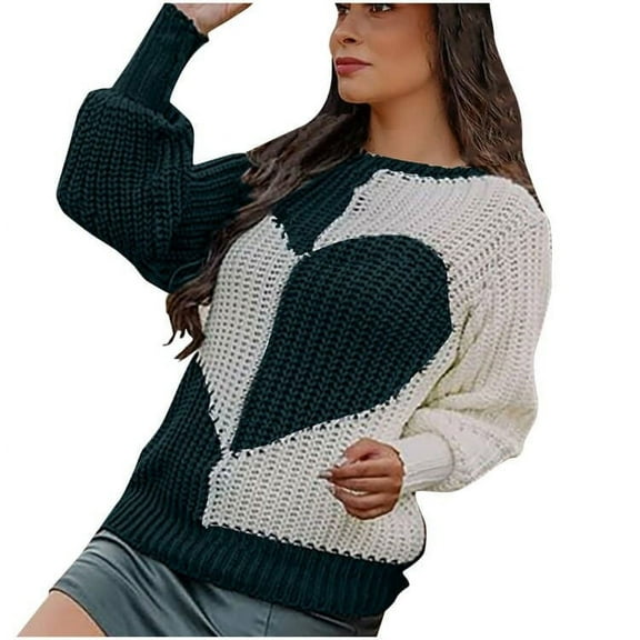 Herrnalise Women's Knitted Crop Tops Casual Long Sleeve Loose Round Neck Heart Pattern Sweater Pullover Pullover Jumper Sweaters