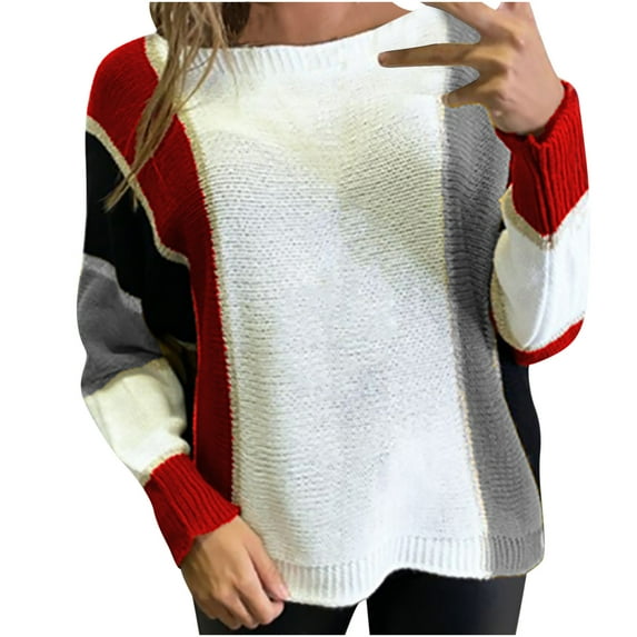 Herrnalise Women's Knitted Crop Tops Casual Patchwork Solid Color Line Round Neck Long Sleeve Sweater Tops Blouse Pullover Jumper Sweaters