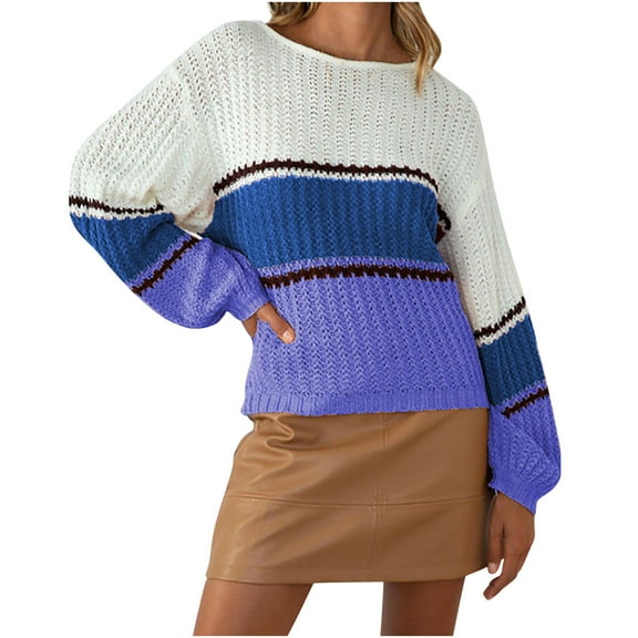 Herrnalise Women's Knitted Crop Tops Casual Solid Color Splicing Line Round Neck Long Sleeve Sweater Tops Blouse Pullover Jumper Sweaters
