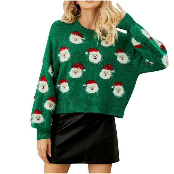 Herrnalise Women's Knitted Crop Tops Christmas Santa Claus Print Round-Neck Long Sleeve Sweater Tops Pullover Jumper Sweaters