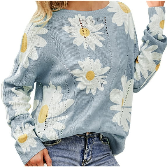Herrnalise Women's Knitted Crop Tops Fashion Daisy Printed Long Casual Pullover Loose Long Sleeve Sweater Pullover Jumper Sweaters