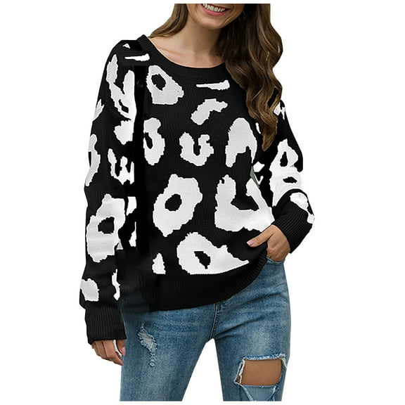 Herrnalise Women's Knitted Crop Tops Fashion Long Sleeves Leopard Round-Neck Tops Blouse Knitted Sweater Pullover Jumper Sweaters