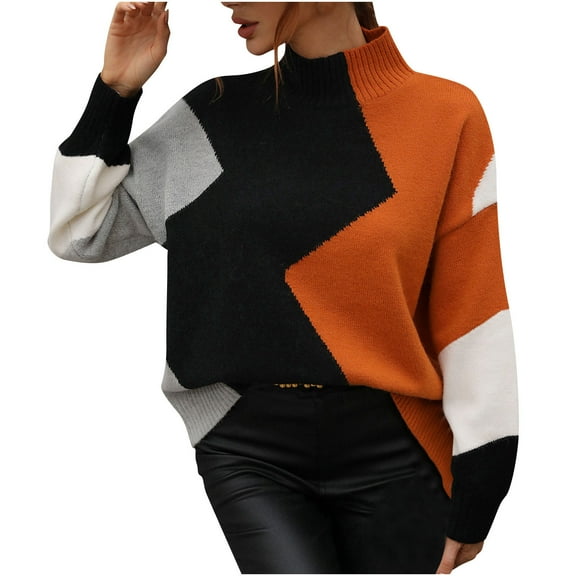 Herrnalise Women's Knitted Crop Tops Fashion Long Sleeves Round Neck Color Matching Loose Tops Blouse Knitted Sweater Pullover Jumper Sweaters