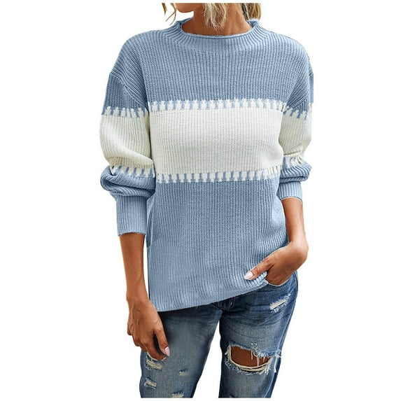 Herrnalise Women's Knitted Crop Tops Fashion Long Sleeves Round Neck Color Matching Loose Tops Blouse Knitted Sweater Pullover Jumper Sweaters