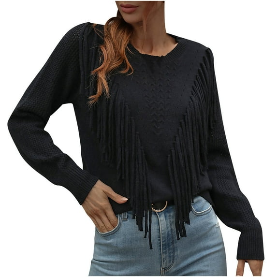 Herrnalise Women's Knitted Crop Tops Fashion Long Sleeves Tassel Crew Neck Loose Solid Color Tops Blouse Knitted Sweater Pullover Jumper Sweaters