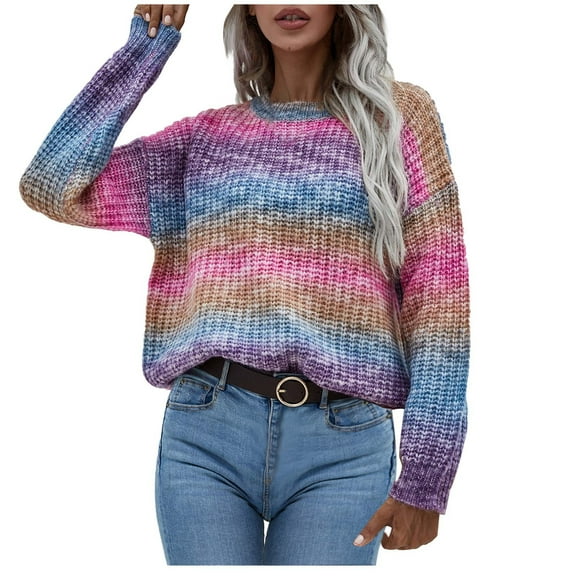 Herrnalise Women's Knitted Crop Tops Fashion Pullover Stripe Round Neck Autumn And Winter Long Sleeved Sweater Top Women Pullover Jumper Sweaters