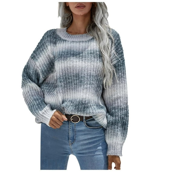 Herrnalise Women's Knitted Crop Tops Fashion Pullover Stripe Round Neck Autumn And Winter Long Sleeved Sweater Top Women Pullover Jumper Sweaters