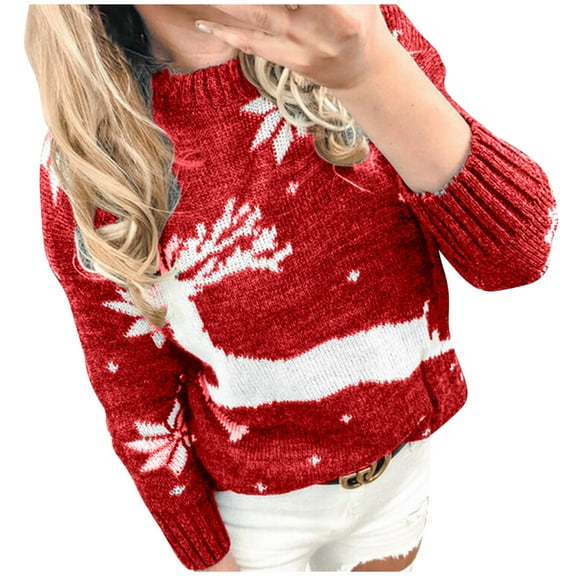 Herrnalise Women's Knitted Crop Tops Fashion Round Neck Christmas Print Comfortable Long Sleeve Loose Sweater Top Pullover Jumper Sweaters