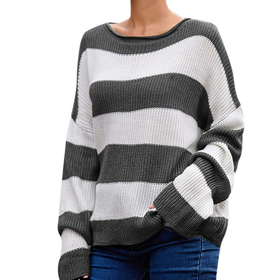 Herrnalise Women's Knitted Crop Tops Fashion Stripe Long Sleeves Round Neck Color Matching Loose Tops Blouse Knitted Sweater Pullover Jumper Sweaters