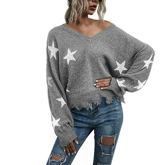 Herrnalise Women's Knitted Crop Tops Ladies Casual Fashion Solid Color V- Neck Loose Knit Sweater Tops Pullover Jumper Sweaters
