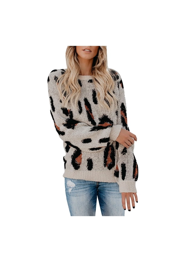Women's Knitted Crop Tops Ladies Casual Long-Sleeved Leopard Print Round Neck Pullover Sweater Pullover Jumper Sweaters