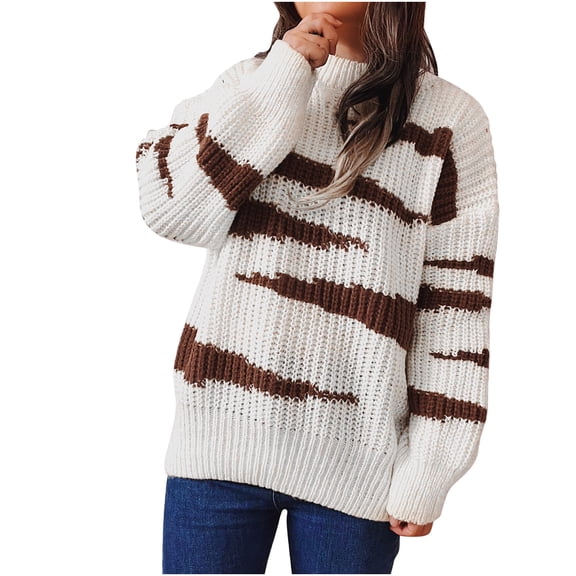 Herrnalise Women's Knitted Crop Tops Ladies Fashion Loose Round Neck Long Sleeve Irregular Stripe Color Blocked Sweater Top Pullover Jumper Sweaters