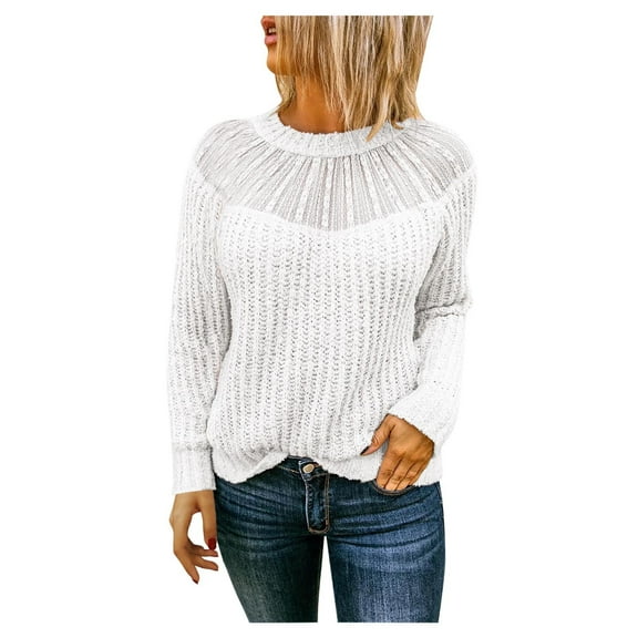 Herrnalise Women's Knitted Crop Tops Ladies Fashion Round Neck Lace Stitching Raglan Long Sleeve Sweater Pullover Jumper Sweaters