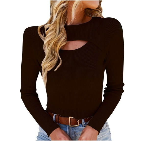 Herrnalise Women's Knitted Crop Tops Ladies Slim Fit Long Sleeve Sweater Solid Color Knit Hollow Top Crew Neck Sweater Pullover Jumper Sweaters