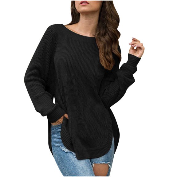 Herrnalise Women's Knitted Crop Tops Long Sleeve Round Neck Pullover Split Solid Color Top Round Neck Sweater Pullover Jumper Sweaters