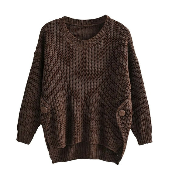 Herrnalise Women's Knitted Crop Tops Long Sleeved Round-neck Button Solid Sweater Casual Pullover Top Pullover Jumper Sweaters