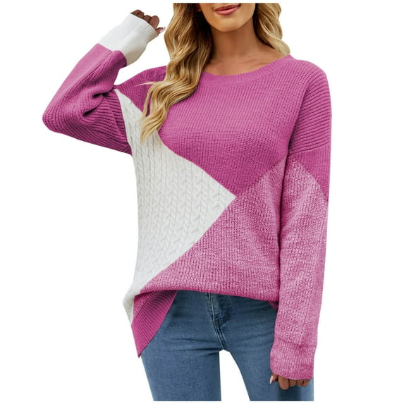 Herrnalise Women's Knitted Crop Tops Long Sleeved Round-neck Patchwork Color Sweater Casual Pullover Top Pullover Jumper Sweaters