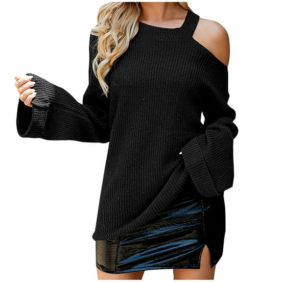 Herrnalise Women's Knitted Crop Tops Long Sleeved Round-neck Solid Flared Sleeves Sweater Casual Pullover Top Pullover Jumper Sweaters