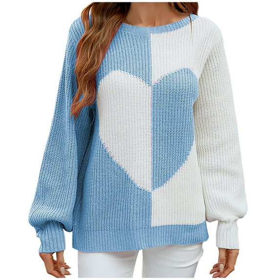 Herrnalise Women's Knitted Crop Tops Long Sleeved Round-neck Solid Love Print Long Sleeves Sweater Casual Pullover Top Pullover Jumper Sweaters