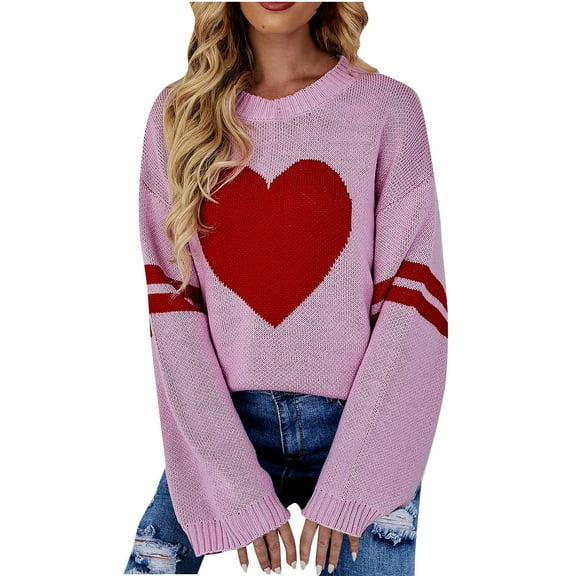 Herrnalise Women's Knitted Crop Tops Loose Round Neck Pullover Love Long Sleeve Sweater Pullover Jumper Sweaters