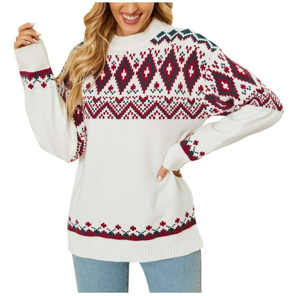 Herrnalise Women's Knitted Crop Tops Round-Neck Christmas Print Recreational Pullover Knitting Sweater Long Sleeve Tops Pullover Jumper Sweaters