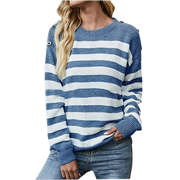 Herrnalise Women's Knitted Crop Tops Round Neck Knitted Contrast Striped Pullover Fashion Casual Long Sleeve Sweater Top Pullover Jumper Sweaters