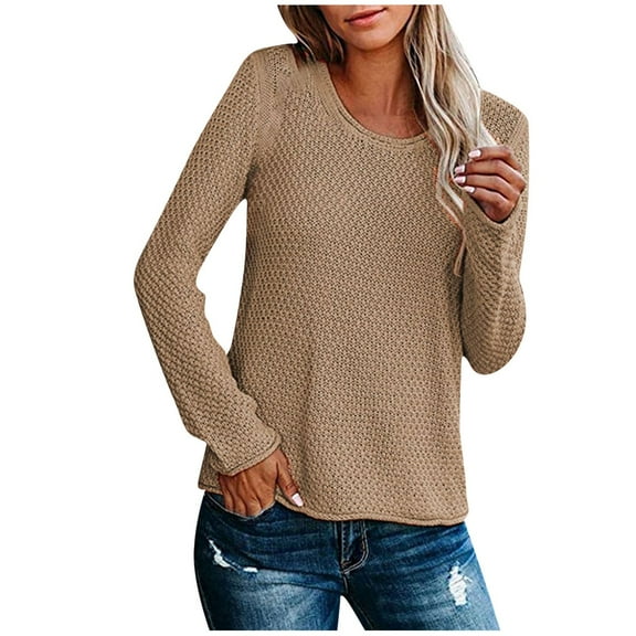 Herrnalise Women's Knitted Crop Tops Round- Neck Recreational Pullover Knitting Sweater Long Sleeve Tops Pullover Jumper Sweaters