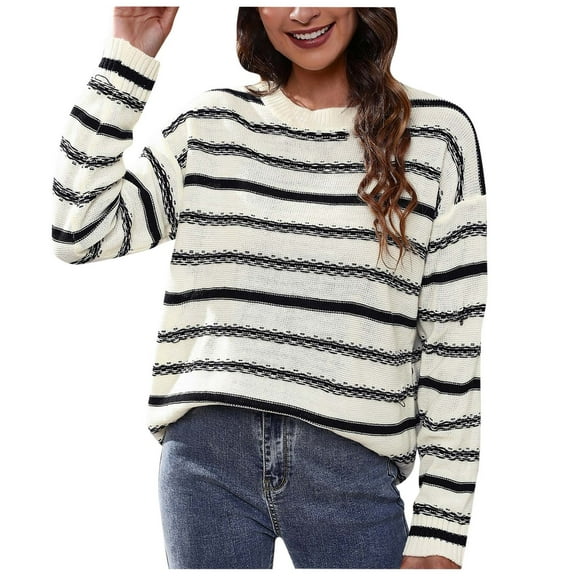 Herrnalise Women's Knitted Crop Tops Round- Neck Stripe Splicing Recreational Pullover Knitting Sweater Long Sleeve Tops Pullover Jumper Sweaters