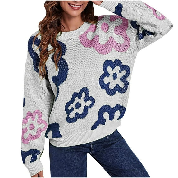 Herrnalise Women's Knitted Crop Tops Round-Neck Sweater Flower Loose Autumn And Winter Long Sleeve Sweater Leisure Pullover Jumper Sweaters