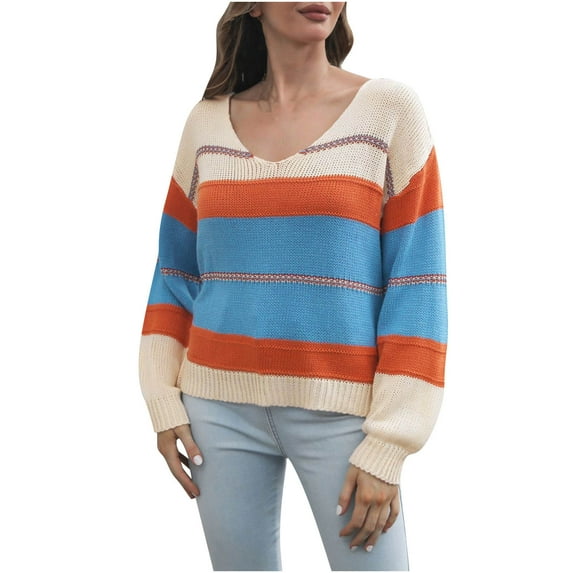 Herrnalise Women's Knitted Crop Tops V-neck Sweater Loose Autumn And Winter Long-sleeved Sweater Striped Stitching Casual Pullover Jumper Sweaters
