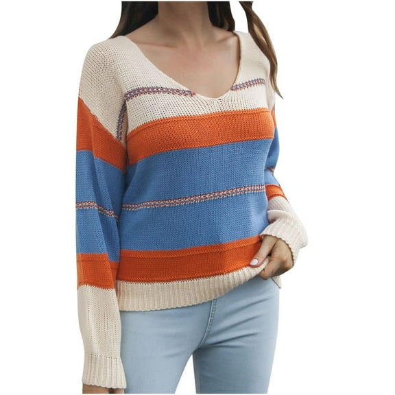 Herrnalise Women's Knitted Crop Tops V-neck Sweater Loose Autumn And Winter Long-sleeved Sweater Striped Stitching Casual Pullover Jumper Sweaters