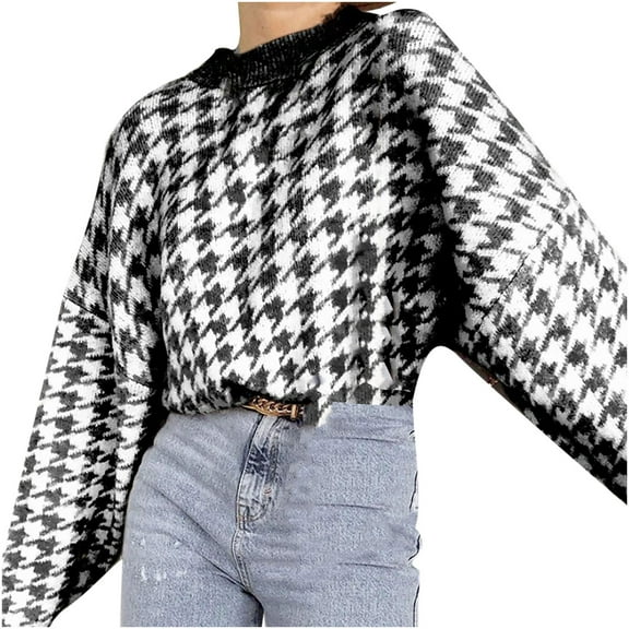 Herrnalise Women's Knitted Crop Tops Women Fashion Casual Long Sleeve Geometric Knit Retro Pullover Sweater Pullover Jumper Sweaters