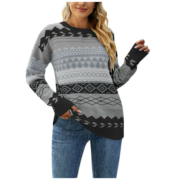 Herrnalise Women's Knitted Crop Tops Women Fashion Casual Retro Color Contrast Printing Diamond Knitting Long Sleeve Round-Neck Sweater Pullover Jumper Sweaters