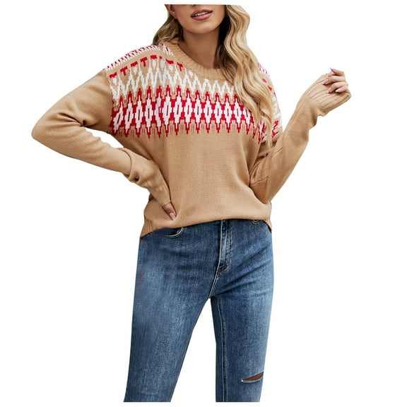 Herrnalise Women's Knitted Crop Tops Women Fashion Casual Retro Color Contrast Printing Knitting Long Sleeve Round-Neck Sweater Pullover Jumper Sweaters