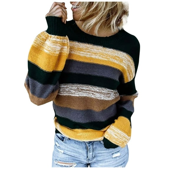 Herrnalise Women's Knitted Crop Tops Women Fashion Loose Color Contrast Comfortable Long Sleeves Sweater Tops Pullover Jumper Sweaters