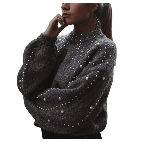 Herrnalise Women's Knitted Crop Tops Women Winter Gray Long Sleeve Pearl Knitted Sweater Blouse Pullovers Pullover Jumper Sweaters