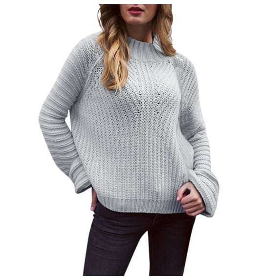 Herrnalise Women's Knitted Crop Tops loose solid color round neck long sleeve sweater Pullover Jumper Sweaters