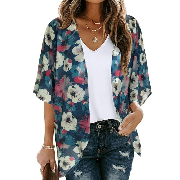 Herrnalise Women's Lightweight Open-Front Cardigan Sweater Women's Floral Print Puff Sleeve Kimono Cardigan Loose Chiffon Cover Up Casual Blouse Tops